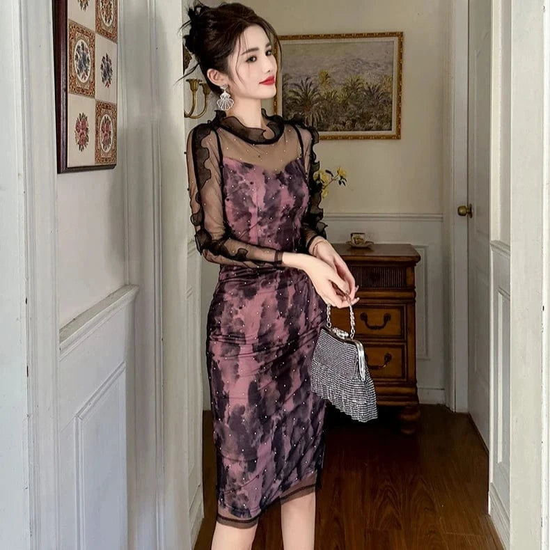 ZYHT 10799 2024 Spring Sexy Perspective Mesh Sheer Ruffle Knee-length Dress Pearl Diamond Decor One Piece Dress