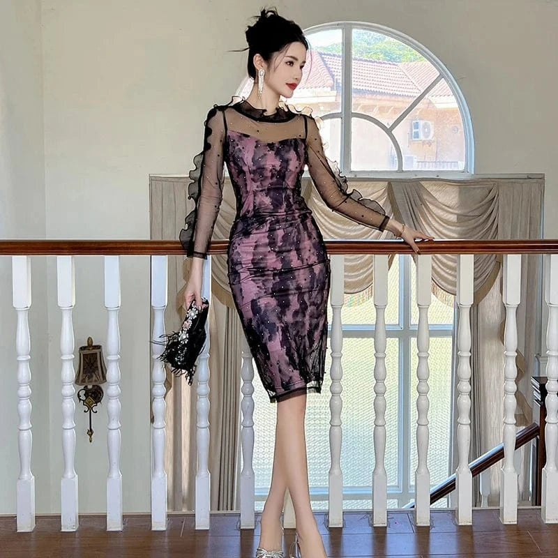 ZYHT 10799 2024 Spring Sexy Perspective Mesh Sheer Ruffle Knee-length Dress Pearl Diamond Decor One Piece Dress