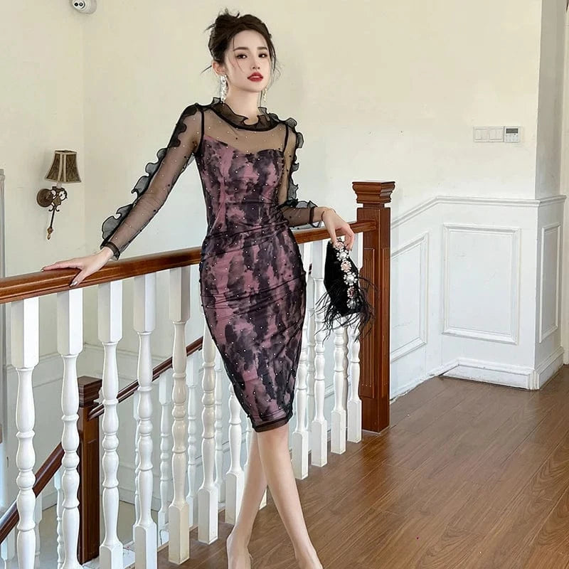 ZYHT 10799 2024 Spring Sexy Perspective Mesh Sheer Ruffle Knee-length Dress Pearl Diamond Decor One Piece Dress