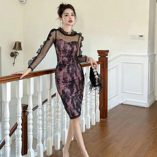 ZYHT 10799 2024 Spring Sexy Perspective Mesh Sheer Ruffle Knee-length Dress Pearl Diamond Decor One Piece Dress