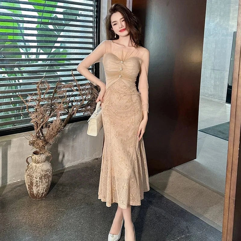 ZYHT 10904 Ladies Dress Sexy Street Tunic Elegant Mature Women Transparent Crochet Maxi Long Dress