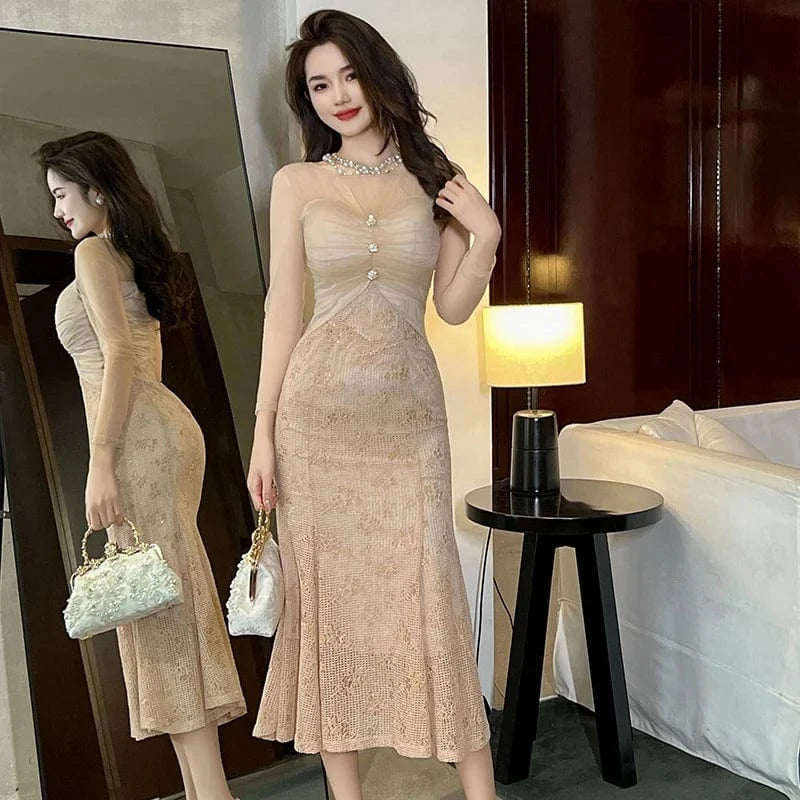 ZYHT 10904 Ladies Dress Sexy Street Tunic Elegant Mature Women Transparent Crochet Maxi Long Dress