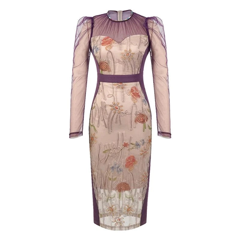 ZYHT 11025 High Quality New Elegant Beautiful Fairy Transparent Body Con Mesh Purple Dress for Women
