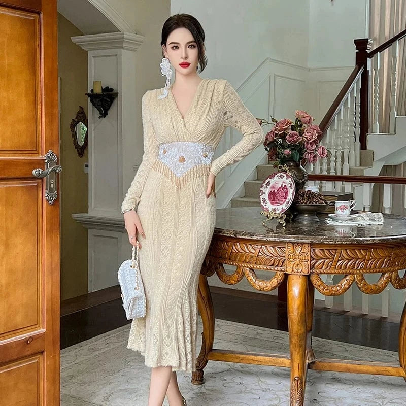 ZYHT 11234 Spring Natural Waistline Breathable Waist Beading Fringe Dress Lace Embroidered Floral Fishtail Dress