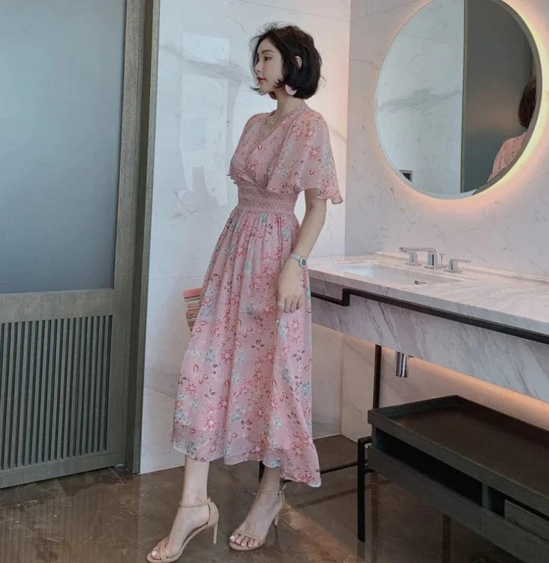 ZYHT 1840 2024 Women Elegant Fashion Long Chiffon Dress Summer Boho Beach Ruffle Sleeve Maxi Floral Korean dress