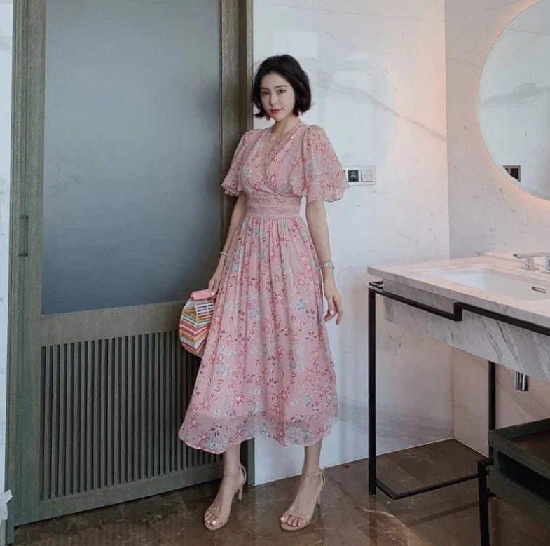ZYHT 1840 2024 Women Elegant Fashion Long Chiffon Dress Summer Boho Beach Ruffle Sleeve Maxi Floral Korean dress