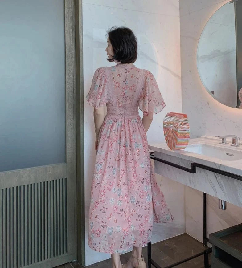 ZYHT 1840 2024 Women Elegant Fashion Long Chiffon Dress Summer Boho Beach Ruffle Sleeve Maxi Floral Korean dress