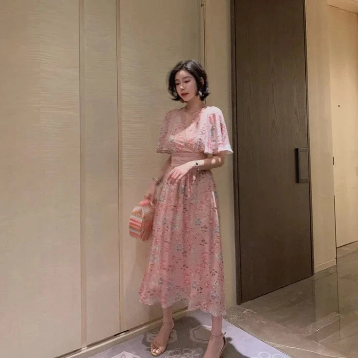 ZYHT 1840 2024 Women Elegant Fashion Long Chiffon Dress Summer Boho Beach Ruffle Sleeve Maxi Floral Korean dress
