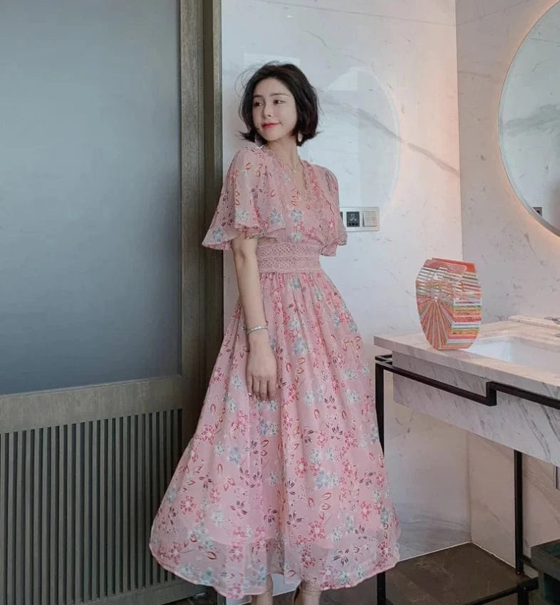 ZYHT 1840 2024 Women Elegant Fashion Long Chiffon Dress Summer Boho Beach Ruffle Sleeve Maxi Floral Korean dress