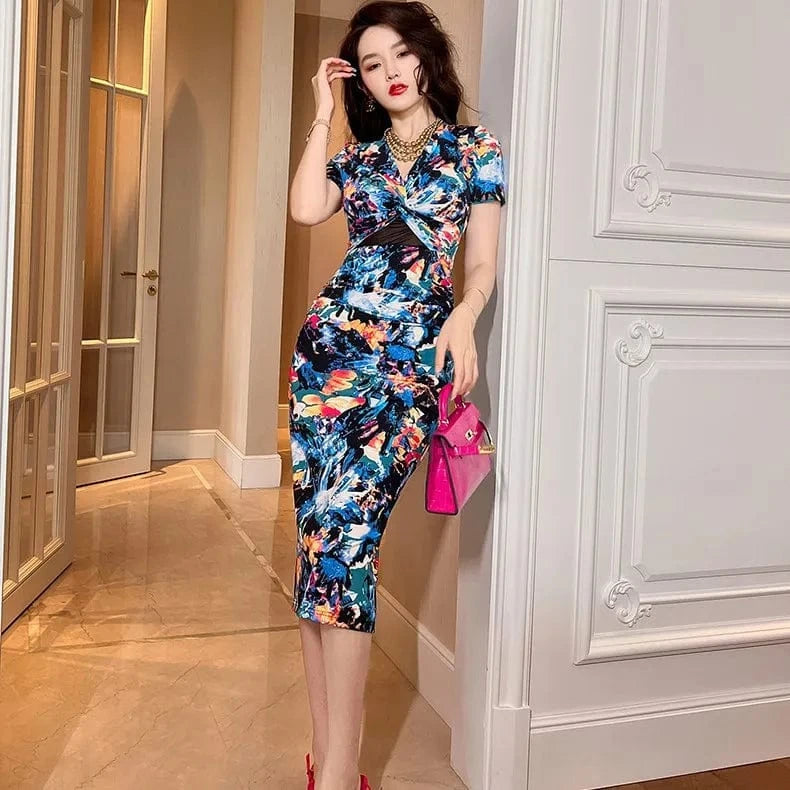 ZYHT 20145 2024 Summer New Women's Fashion Style Temperament V-Neck Print Slim French Bodycon Dress