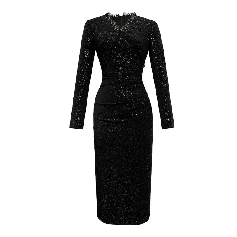 ZYHT 20204 2024 Elegant Casual Dresses Sexy Vestidos Prom Long High Quality Black V Neck Lace Dresses Sequined Party Dresses