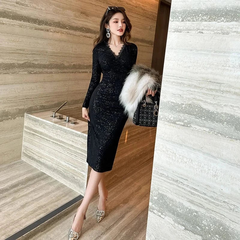 ZYHT 20204 2024 Elegant Casual Dresses Sexy Vestidos Prom Long High Quality Black V Neck Lace Dresses Sequined Party Dresses