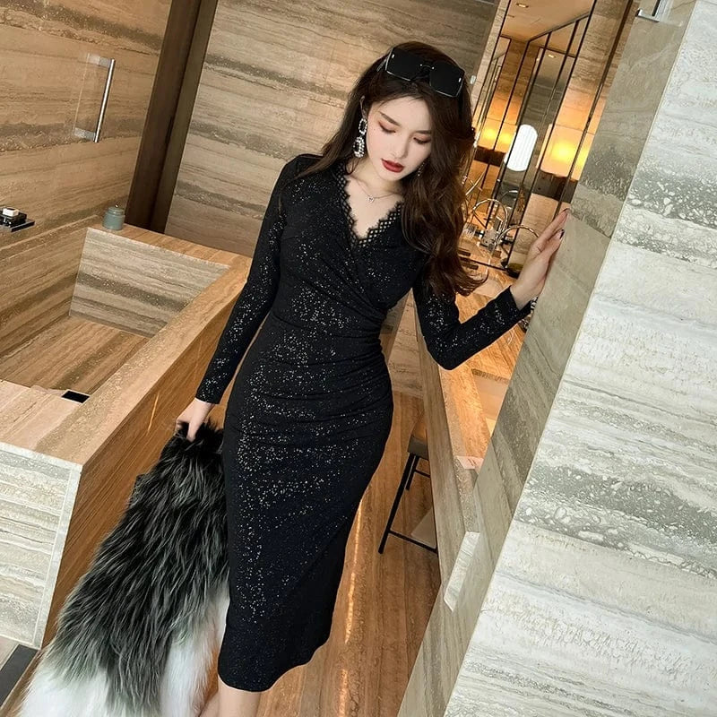 ZYHT 20204 2024 Elegant Casual Dresses Sexy Vestidos Prom Long High Quality Black V Neck Lace Dresses Sequined Party Dresses