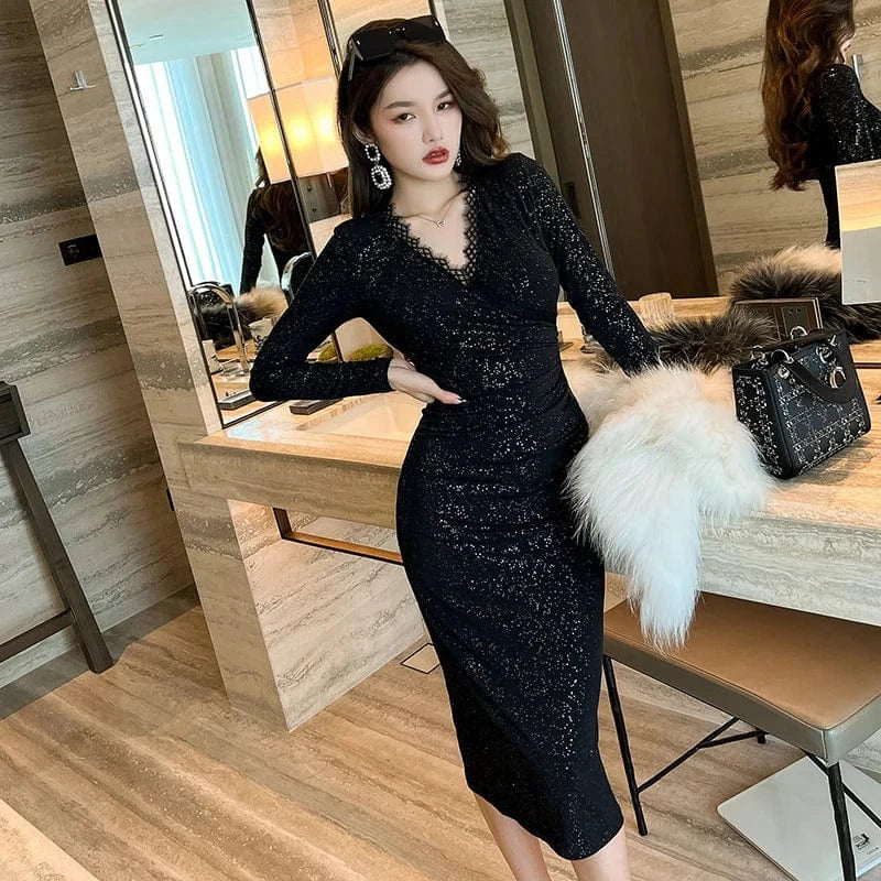 ZYHT 20204 2024 Elegant Casual Dresses Sexy Vestidos Prom Long High Quality Black V Neck Lace Dresses Sequined Party Dresses