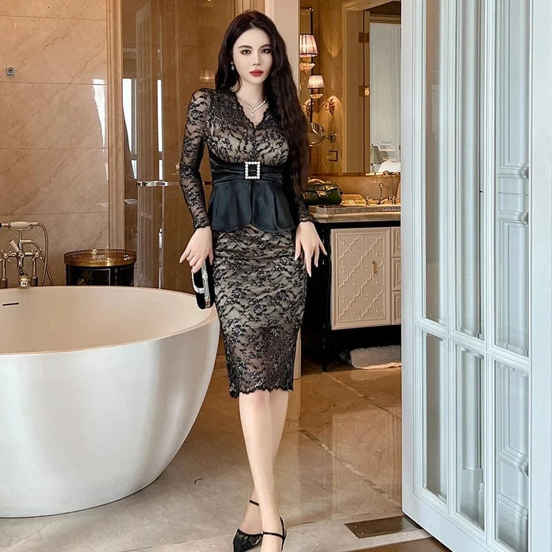 ZYHT 2024 20749 Black Lace Patchwork Long Sleeves Floral Embroidered Dress Sheer Layer Sexy Mature Women Slit Dress