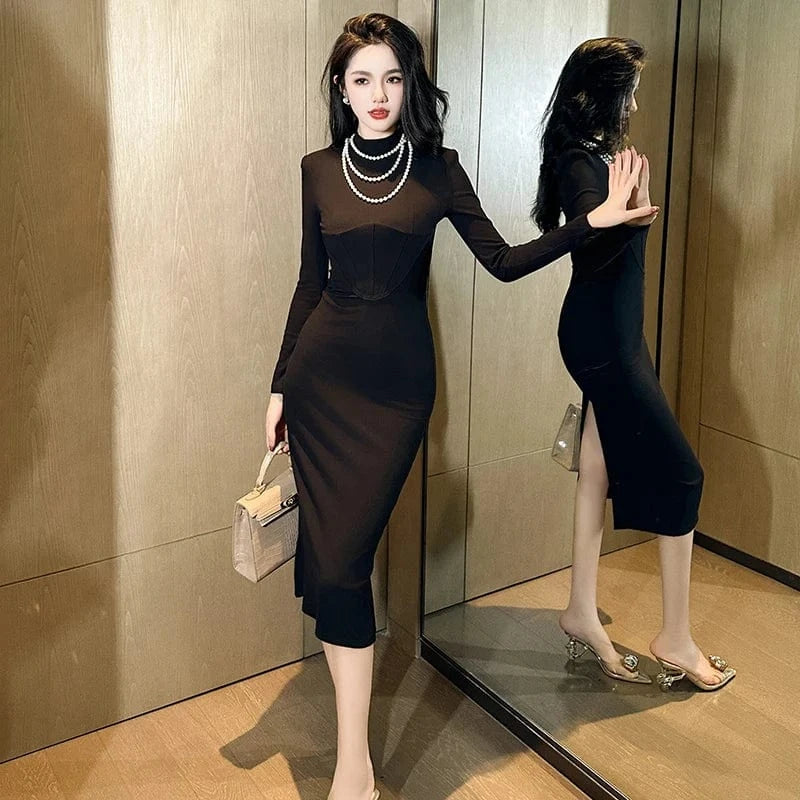 ZYHT 2024 Spring 20237 Autumn Winter Women Clothing Black Elastic Bodycon Casual Dresses Stand Collar Back High Slit Dress
