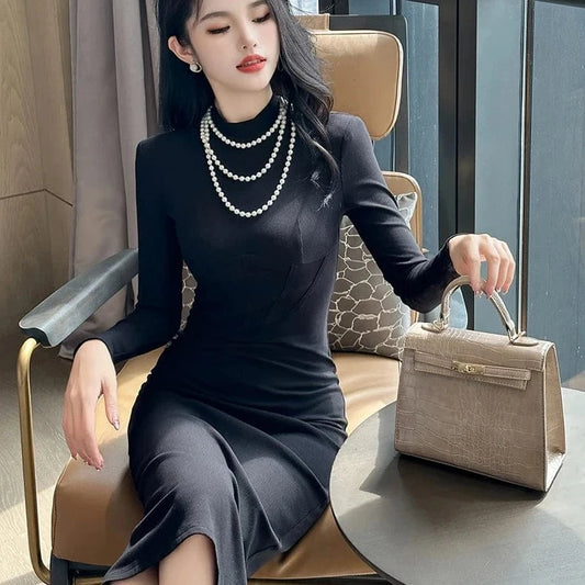 ZYHT 2024 Spring 20237 Autumn Winter Women Clothing Black Elastic Bodycon Casual Dresses Stand Collar Back High Slit Dress