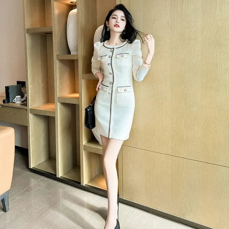 ZYHT 2024 Spring 20719 Winter Single Breasted Tweed Bodycon Mini Dresses Women Long Sleeve Corset Wrap Elegant Dress