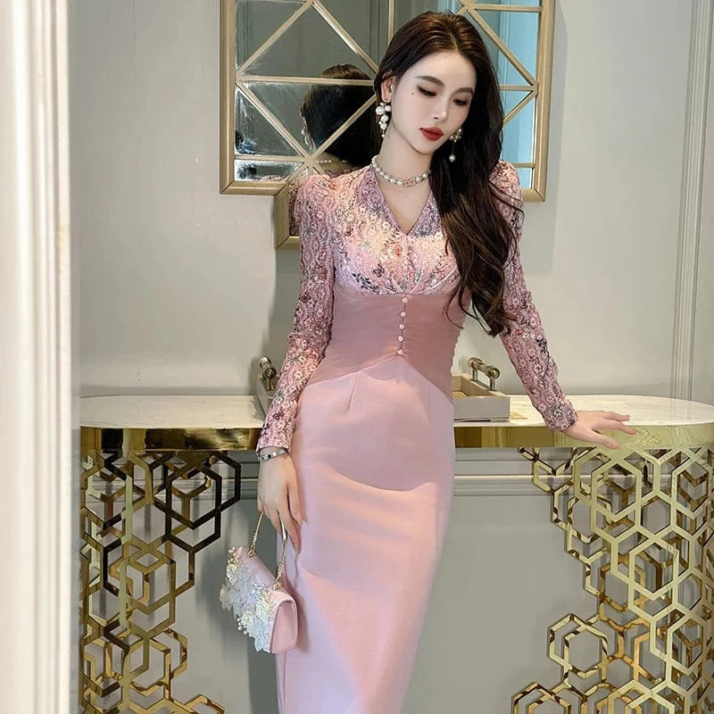 ZYHT 2024 Spring 50535 Hot Selling Vietnam Romantic Floral Lace Slim Fit Midi Dress Empire Mesh Spliced Slit Pencil Dress Ladies