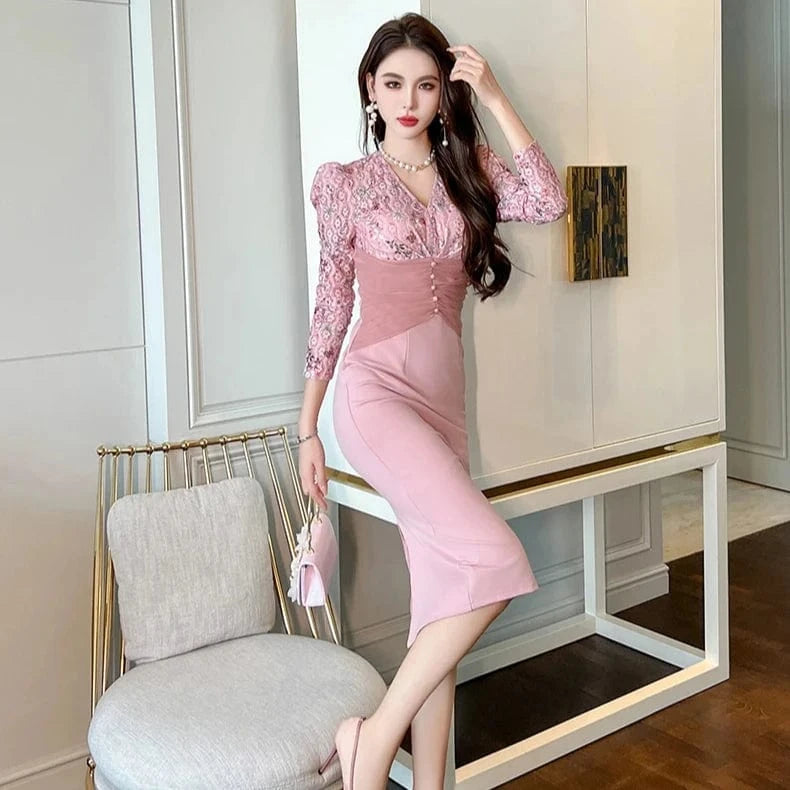 ZYHT 2024 Spring 50535 Hot Selling Vietnam Romantic Floral Lace Slim Fit Midi Dress Empire Mesh Spliced Slit Pencil Dress Ladies