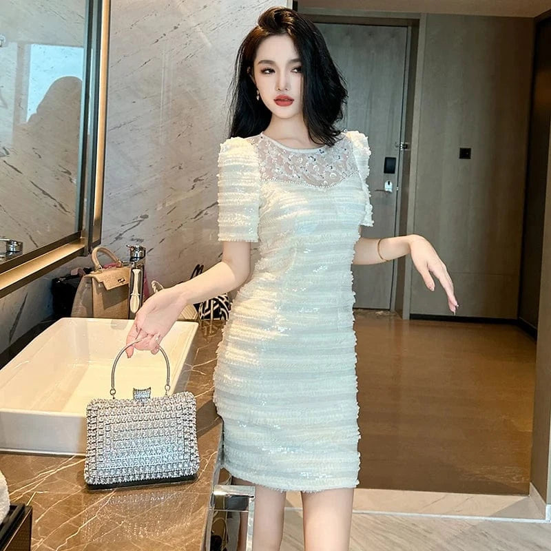 ZYHT 2024 Summer Mini Bodycon Dress 40147 Trending Short Sleeve Casual Ruffle Striped Dress Diamond Beaded Sequined Floral