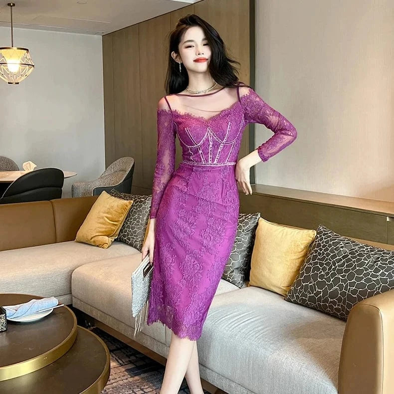 ZYHT 20697 2024 Collection Elegant Women Casual Dress Long Sleeve Patchwork Printed Lace Fabric Custom Simple Fit Dresses