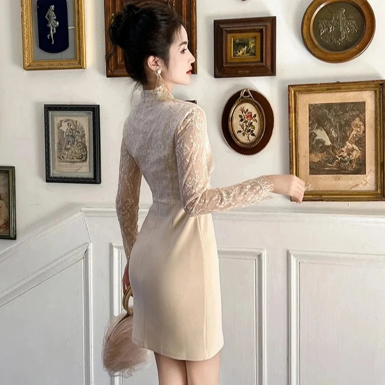 ZYHT 20831 2024 Spring Female Clothing Lace Stitching High Waist Dress Full Sleeve Temperament Mini Dresses