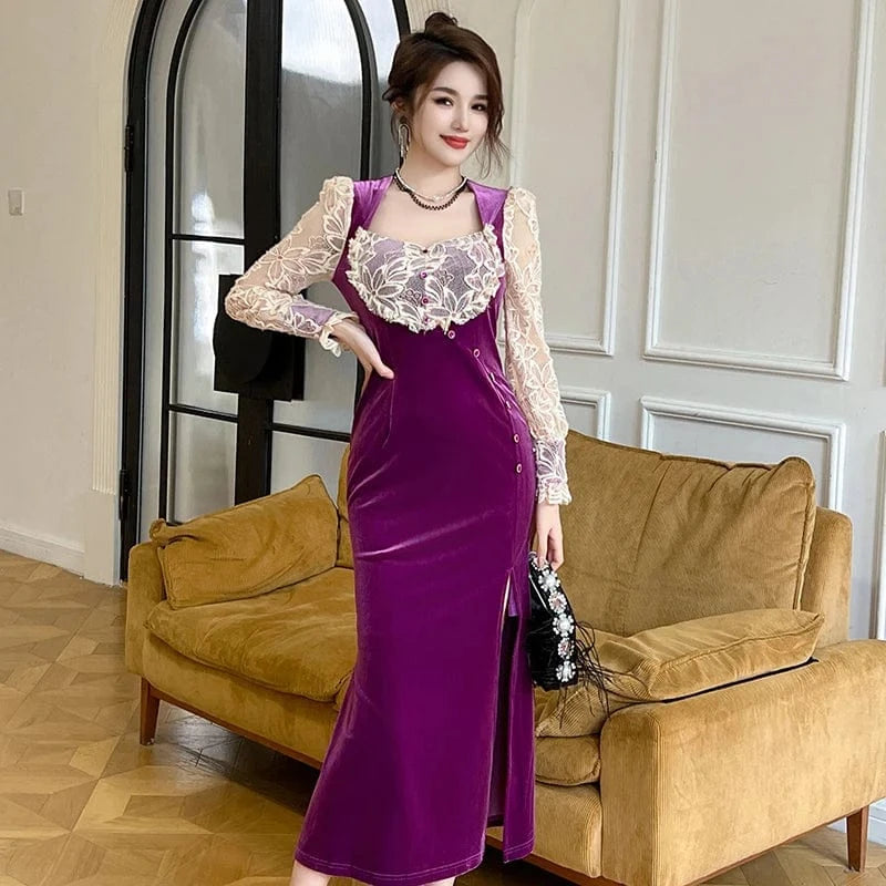 ZYHT 20985 Low MOQ Custom Luxurious Dresses 2024 Bodycon Long Classy Women Elegant Sexy Velvet Long Sleeve Dress