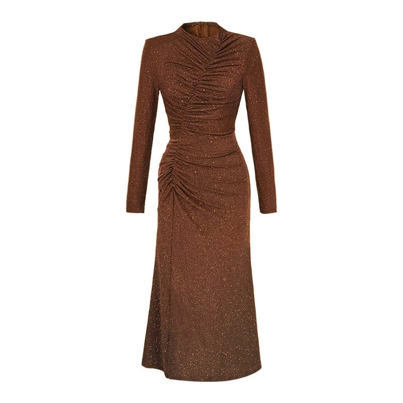 ZYHT 30615 Spring 2024 Custom Design Pleated Sequins Shining Long Mermaid Dress Woman Casual Side Slit Dresses