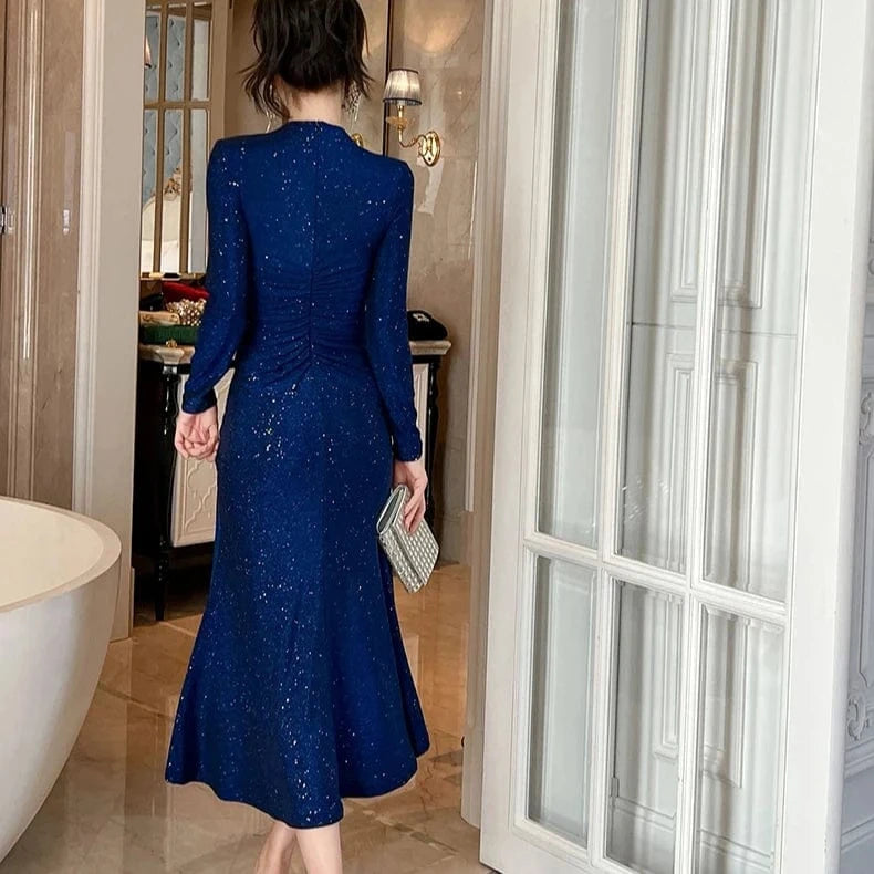 ZYHT 30615 Spring 2024 Custom Design Pleated Sequins Shining Long Mermaid Dress Woman Casual Side Slit Dresses