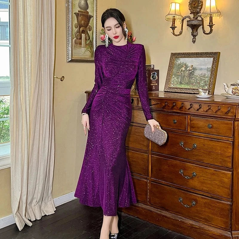 ZYHT 30615 Spring 2024 Custom Design Pleated Sequins Shining Long Mermaid Dress Woman Casual Side Slit Dresses