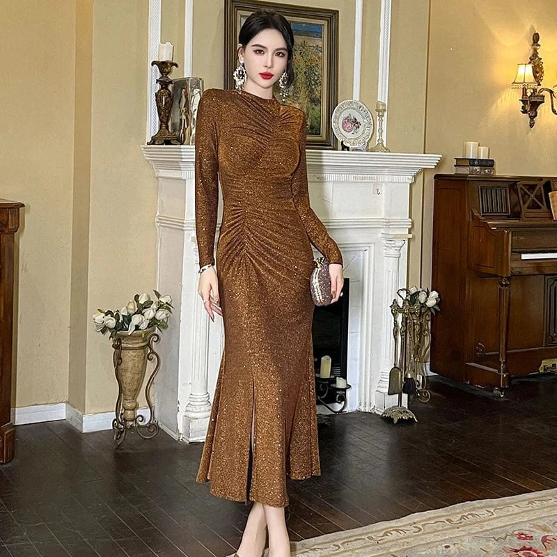 ZYHT 30615 Spring 2024 Custom Design Pleated Sequins Shining Long Mermaid Dress Woman Casual Side Slit Dresses