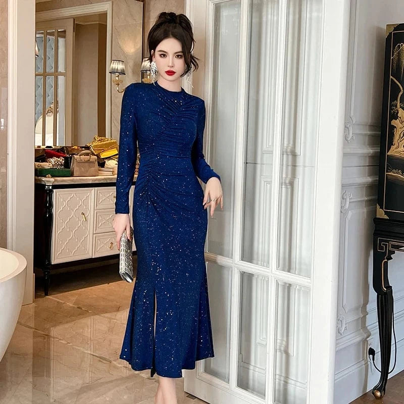 ZYHT 30615 Spring 2024 Custom Design Pleated Sequins Shining Long Mermaid Dress Woman Casual Side Slit Dresses