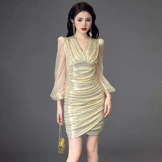 ZYHT 30687 2024 Spring New Style V-neck Sequined Classy Sexy Evening Mini Dress Lantern Sleeve Ruched Club Party Short Dress