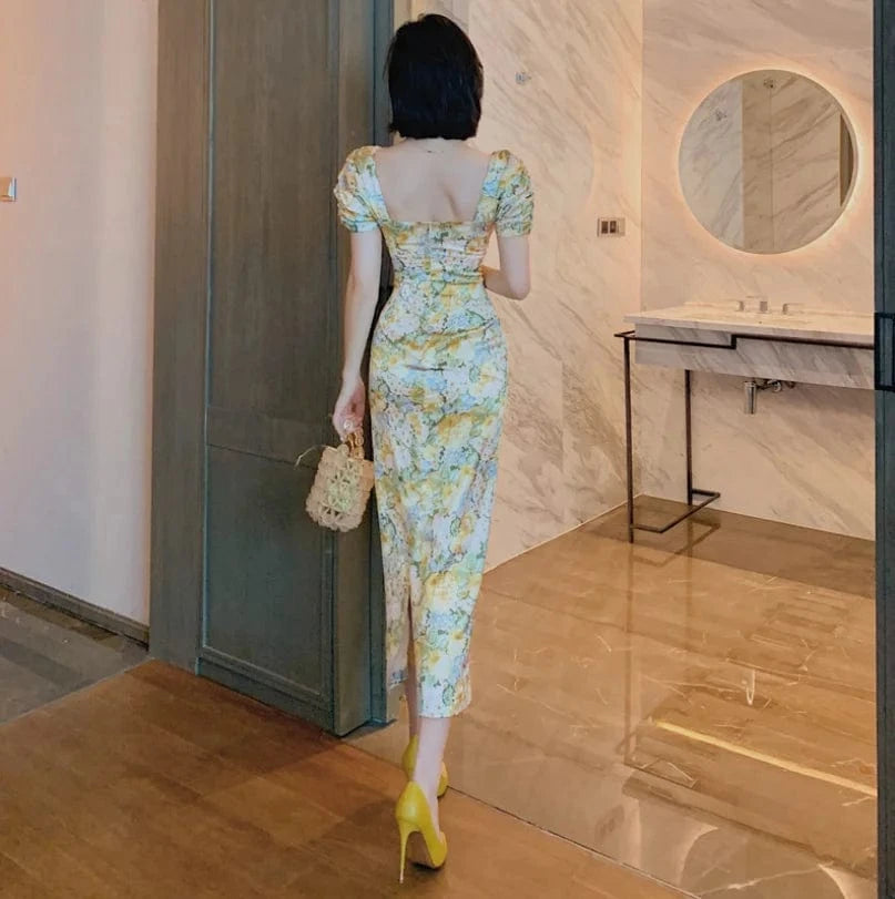 ZYHT 3816 2024 Fashion Ladies Retro Strapless Casual Dresses Women Puff Sleeve Dress Floral Printed Dresses