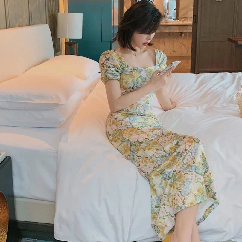 ZYHT 3816 2024 Fashion Ladies Retro Strapless Casual Dresses Women Puff Sleeve Dress Floral Printed Dresses