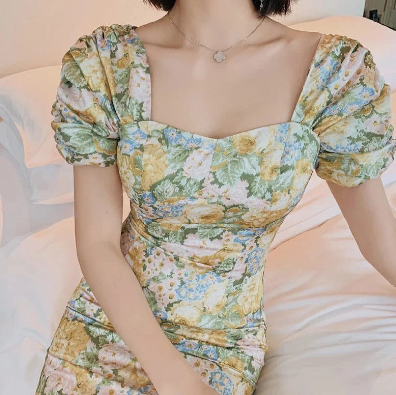 ZYHT 3816 2024 Fashion Ladies Retro Strapless Casual Dresses Women Puff Sleeve Dress Floral Printed Dresses