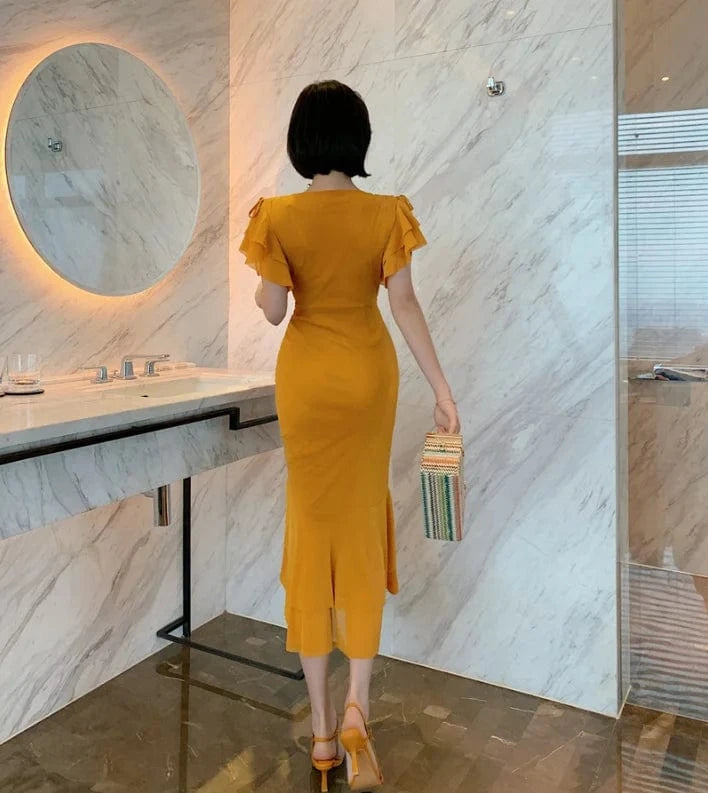 ZYHT 3892 Summer New Style Trumpet Sleeve Leisure Vacation Ruffle Hem Bodycon Women's Drawstring Elegant Dresses
