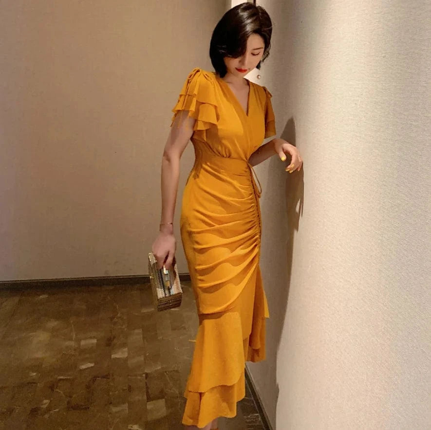ZYHT 3892 Summer New Style Trumpet Sleeve Leisure Vacation Ruffle Hem Bodycon Women's Drawstring Elegant Dresses