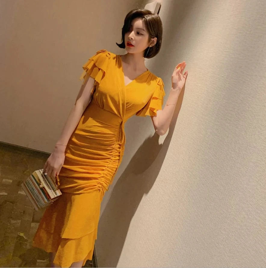 ZYHT 3892 Summer New Style Trumpet Sleeve Leisure Vacation Ruffle Hem Bodycon Women's Drawstring Elegant Dresses