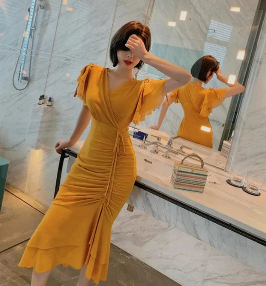 ZYHT 3892 Summer New Style Trumpet Sleeve Leisure Vacation Ruffle Hem Bodycon Women's Drawstring Elegant Dresses