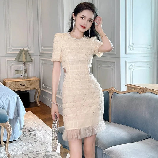 ZYHT 40141 Sweet Mesh Design Diamond Beading Round Neck Mini Dress Side Waist Hollow Out Sexy Multi Layer Short Sleeve Dress