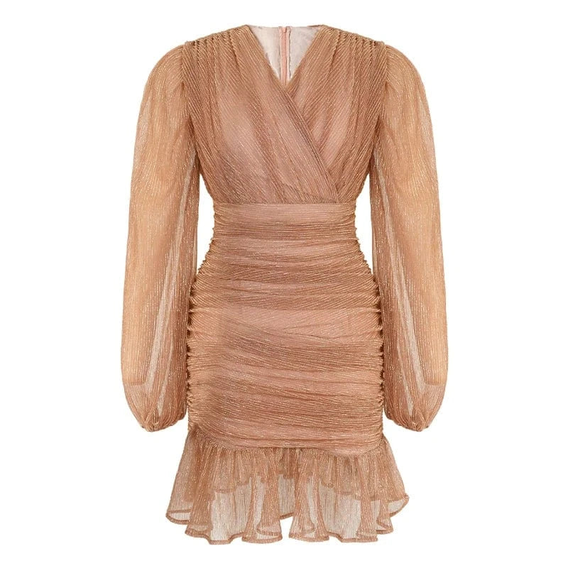 ZYHT 40281 2024 Spring Mesh Puff Sleeve Slim Fit Ruffle Sexy Mini Dress Cross V Neck A-line Swing Dresses