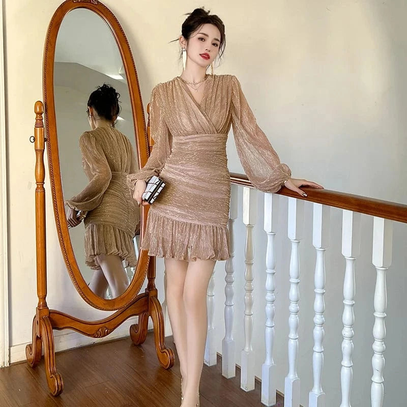 ZYHT 40281 2024 Spring Mesh Puff Sleeve Slim Fit Ruffle Sexy Mini Dress Cross V Neck A-line Swing Dresses