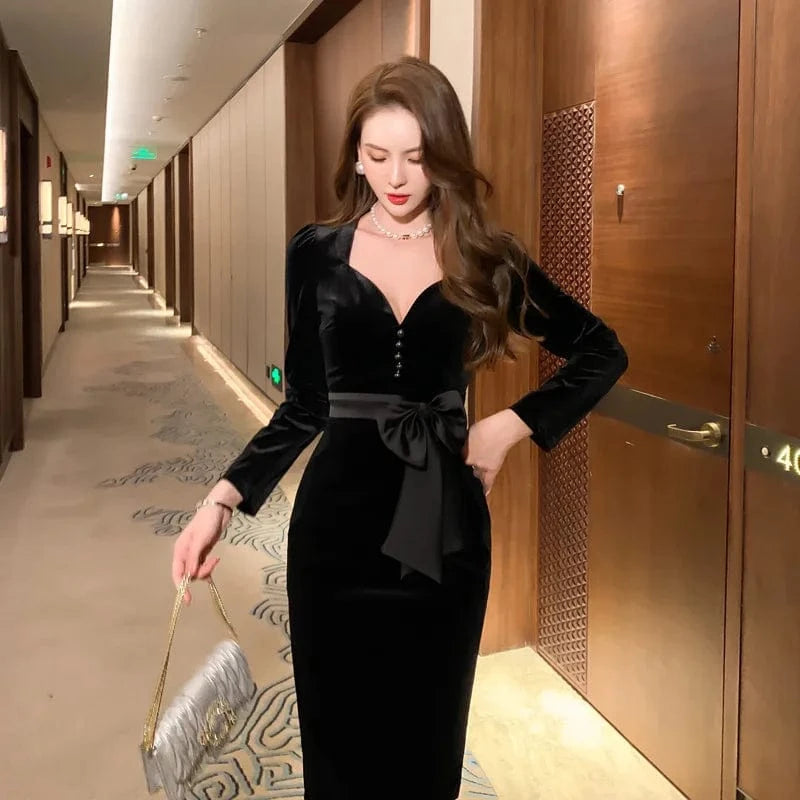 ZYHT 4421 2024 Spring Autumn New Women's Velvet Retro Long Sleeve Elegant Black Midi Bodycon Dress