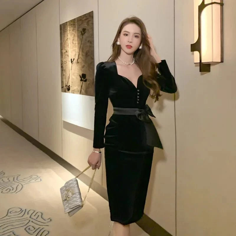 ZYHT 4421 2024 Spring Autumn New Women's Velvet Retro Long Sleeve Elegant Black Midi Bodycon Dress