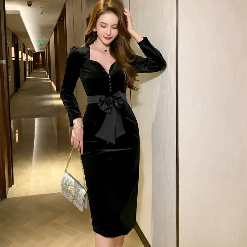 ZYHT 4421 2024 Spring Autumn New Women's Velvet Retro Long Sleeve Elegant Black Midi Bodycon Dress