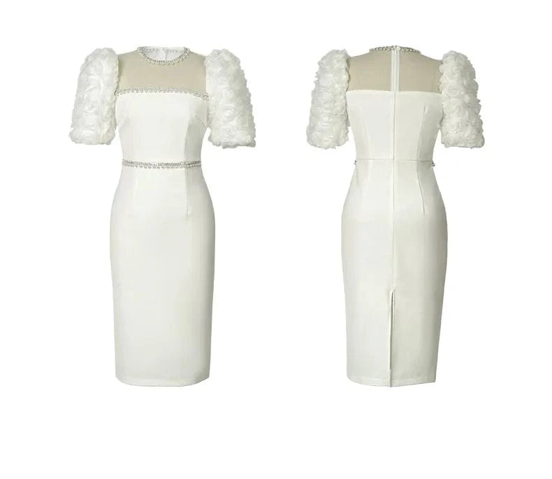 ZYHT 50106 Elegant Pearl Beaded Floral Sleeve Embellished White Midi Party Dress Satin Women Casual Dresses