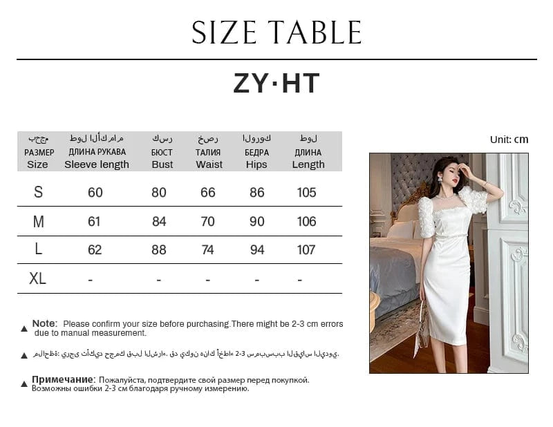 ZYHT 50106 Elegant Pearl Beaded Floral Sleeve Embellished White Midi Party Dress Satin Women Casual Dresses