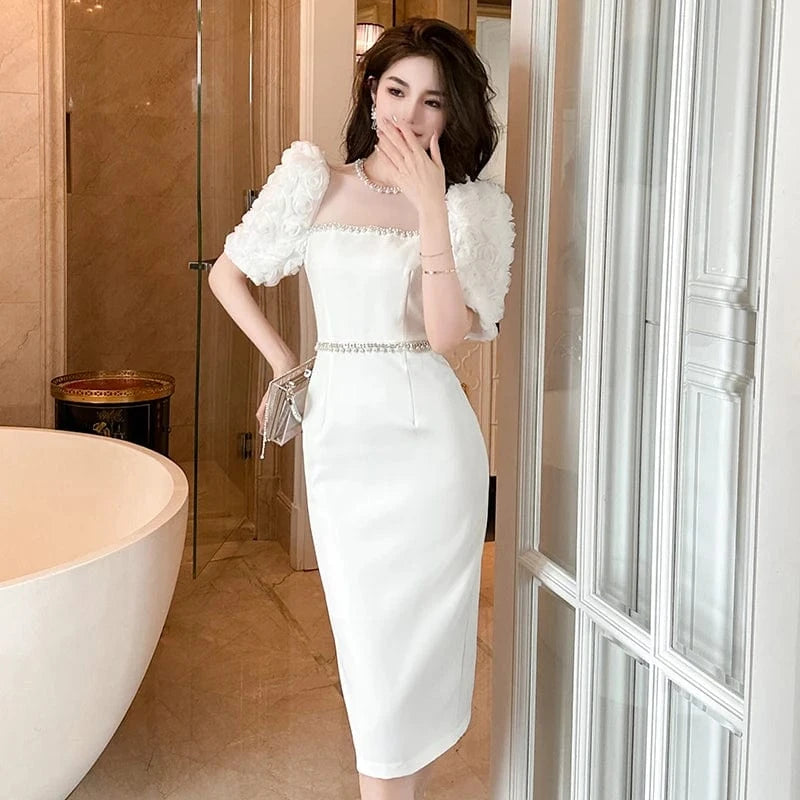 ZYHT 50106 Elegant Pearl Beaded Floral Sleeve Embellished White Midi Party Dress Satin Women Casual Dresses
